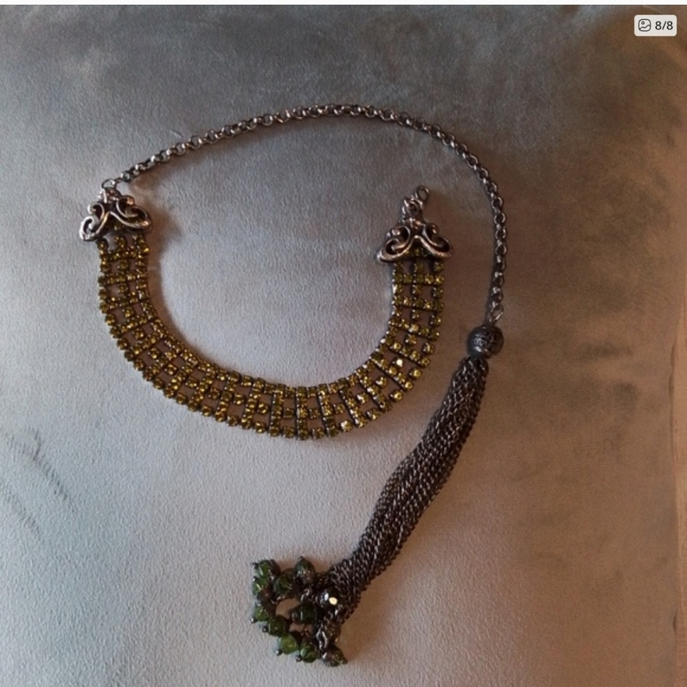 NWOT Signed Danny Pollak Olive Green Swarovski Crystal Choker, Long Tassel